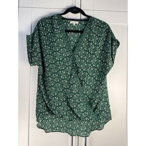 Max Studio Floral Wrap Blouse Green Yellow Short Sleeve V-Neck S